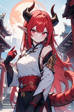 dragon woman, wingless, long hair, friendly face, light blue martial arts master outfit, light red
 hair, dragon horns with red tips, dragon tail,  
light red eyes, pointed horns,small breasts, beautiful, the woman who reflects the sun, the emperor's right hand, tail attached to the body, The master of manipulation, chinese temple,pointy ears,serious face ,  calm smile ,red tail with light blue parts,dragon horns, gold jewelry, silver ring, diamond chain,Rich woman.