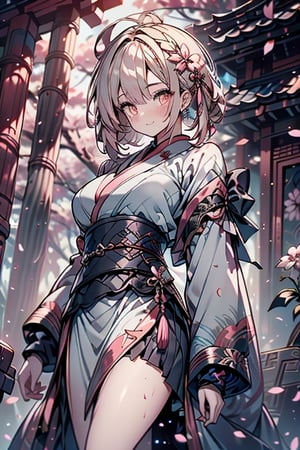 blonde, golden eyes, calm look, short hair, genius, light pink kimono that reaches to the thighs, look of having found enlightenment, warrior, strong woman, muscular body, light very calm smile, long gray skirt, masterpieces, good quality, high quality image, found lighting, hermit, magician of miracles, she is at peace with herself, very calm look with herself, in a Chinese temple, perfect face, cherry blossom.

