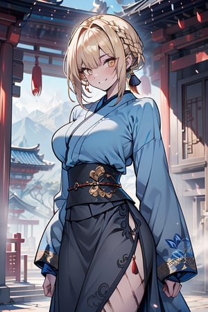 blonde, golden eyes, calm look, short hair, Chinese temple, genius, blue kimono that reaches to her thighs, look of having found enlightenment,
warrior, strong woman, scars all over her body, muscular body, kind smile, long gray skirt.