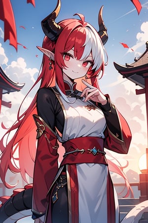 dragon woman, wingless, long hair, friendly face, light blue martial arts master outfit, light red
 hair, dragon horns with red tips, dragon tail,  
light red eyes, pointed horns,small breasts, beautiful, the woman who reflects the sun, the emperor's right hand, tail attached to the body, The master of manipulation, chinese temple,pointy ears,serious face ,  calm smile ,red tail with light blue parts,dragon horns, gold jewelry, silver ring, diamond chain.