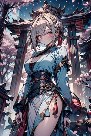 blonde, golden eyes, calm look, short hair, genius, blue kimono that reaches to the thighs, look of having found enlightenment, warrior, strong woman, muscular body, light very calm smile, long gray skirt, masterpieces, good quality, high quality image, found lighting, hermit, magician of miracles, she is at peace with herself, very calm look with herself, in a Chinese temple, perfect face, cherry blossom.

