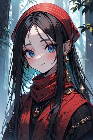 black hair, blue eyes, yellow attush, red scarf with gold stripes, friendly face, headscarf, little girl, happy smile, bangs, in the forest at night, masterpiece, star earrings, detailed, high quality, absurd , strongest human being of all, bearer of the hope of the world, long hair, necklace of scales,perfect face
