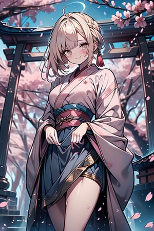 blonde, golden eyes, calm look, short hair, genius, light pink kimono that reaches to the thighs, look of having found enlightenment, warrior, strong woman, muscular body, light very calm smile, long gray skirt, masterpieces, good quality, high quality image, found lighting, hermit, magician of miracles, she is at peace with herself, very calm look with herself, in a Chinese temple, perfect face, cherry blossoms.
