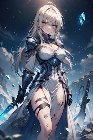 blonde, golden eyes, angry look, long hair, desert knight, hates magic, silver sword that reflects a blue color that traps magic, genie, white dress that reaches to her thighs, armor on her hands, legs and arms , gray and white Dress, Warrior appearance, warrior, strong woman, scars all over her body, shiny magic metal armor with a blue crystal on her chest, armor covers her entire body.
