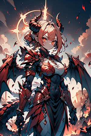 dragon wings, scaly skin, bright blonde hair, arrogant, serious, powerful, mother of the Yuumil, goddess of order, strongest dragon goddess, proud, goat horns, red horns, dragon hands, dragon legs, covered body by scales, armor, short hair, big wings, dragonborn, goddess of order and battles, masterpiece, detailed, high quality, absurd, very high resolution, good quality image, high definition, serious face, annoying, warrior, Order ,good quality eyes, high resolution eyes, defined eyes, sharp eyes, orange eyes, armor that covers everything,face with good resolution,breast armor,orange armor,hair up with braids,dragon tail,over the sun, sword of order with a orange glow, radiant figure,magma armor,1 dragon tail only one,perfect face,dragon woman, warrior,goddess of war, beautiful, immaculate face.


