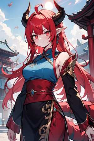 dragon woman, wingless, long hair, friendly face, light blue martial arts master outfit, light red
 hair, dragon horns with red tips, dragon tail,  
light red eyes, pointed horns,small breasts, beautiful, the woman who reflects the sun, the emperor's right hand, tail attached to the body, The master of manipulation, chinese temple,pointy ears,serious face ,  calm smile ,red tail with light blue parts,dragon horns, gold jewelry, silver ring, diamond chain.