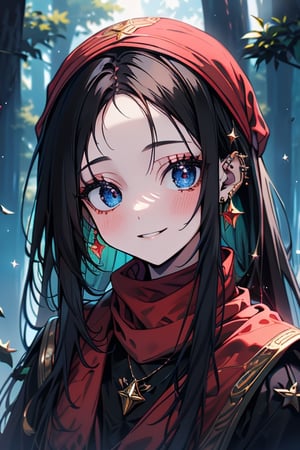 black hair, blue eyes, yellow attush, red scarf with gold stripes, friendly face, headscarf, little girl, happy smile, bangs, in the forest at night, masterpiece, star earrings, detailed, high quality, absurd , strongest human being of all, bearer of the hope of the world, long hair, necklace of scales,perfect face
