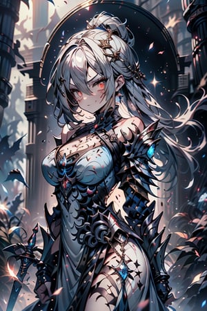 blonde, golden eyes, angry look, long hair, desert knight, hates magic, silver sword that reflects a blue color that traps magic, genie, white dress that reaches to her thighs, armor on her hands, legs and arms , gray and white Dress, Warrior appearance, warrior, strong woman, black metal parts, magic metal shoulder pads, scars all over her body, shiny magic metal armor with a blue crystal on her chest.
,portrait,More Detail,Circle