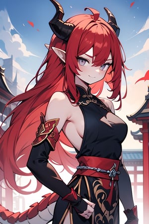 dragon woman, wingless, long hair, friendly face, light blue martial arts master outfit, light red
 hair, dragon horns with red tips, dragon tail,  grey eyes, pointed horns,small breasts, beautiful, the woman who reflects the sun, the emperor's right hand, tail attached to the body, The master of manipulation, chinese temple,pointy ears,serious face ,  calm smile ,red tail with light blue parts,dragon horns.
