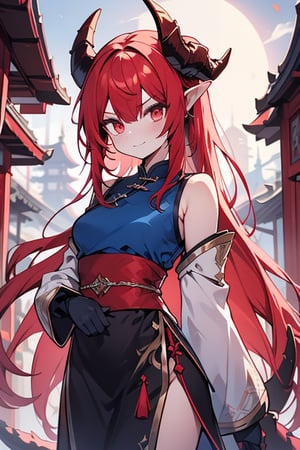 dragon woman, wingless, long hair, friendly face, light blue martial arts master outfit, light red
 hair, dragon horns with red tips, dragon tail,  
light red eyes, pointed horns,small breasts, beautiful, the woman who reflects the sun, the emperor's right hand, tail attached to the body, The master of manipulation, chinese temple,pointy ears,serious face ,  calm smile ,red tail with light blue parts,dragon horns.
