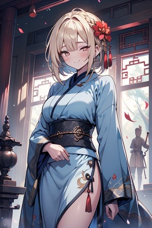 blonde, golden eyes, calm look, short hair, genius, blue kimono that reaches to her thighs, look of having found enlightenment,
warrior, strong woman, muscular body, kind smile, long gray skirt, masterpieces, good quality, high image quality, found lighting, hermit, magician of miracles, is at peace with herself, very calm look with herself, half-closed eyes, in a Chinese temple.
