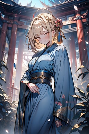 blonde, golden eyes, calm look, short hair, genius, blue kimono that reaches to her thighs, look of having found enlightenment,
warrior, strong woman, muscular body, kind smile, long gray skirt, masterpieces, good quality, high image quality, found lighting, hermit, magician of miracles, is at peace with herself, very calm look with herself, half-closed eyes, in a Chinese temple.
,portrait