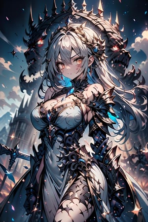 blonde, golden eyes, angry look, long hair, desert knight, hates magic, silver sword that reflects a blue color that traps magic, genie, white dress that reaches to her thighs, armor on her hands, legs and arms , gray and white Dress, Warrior appearance, warrior, strong woman, black metal parts, magic metal shoulder pads, scars all over her body, shiny magic metal armor with a blue crystal on her chest,masterpiece, good quality, excellent quality, perfect face.
