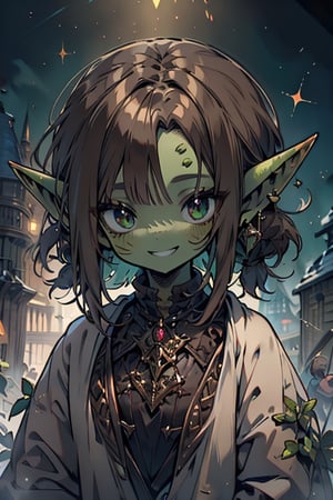 goblin, green skin, small tits, brown hair, medium hair, happy, smiling, full of life, killer of traitors, masterpiece, perfect face, good quality, pointy ears.
