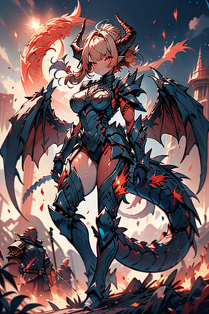 dragon wings, scaly skin, bright blonde hair, arrogant, serious, powerful, mother of the Yuumil, goddess of order, strongest dragon goddess, proud, goat horns, red horns, dragon hands, dragon legs, covered body by scales, armor, short hair, big wings, dragonborn, goddess of order and battles, masterpiece, detailed, high quality, absurd, very high resolution, good quality image, high definition, serious face, annoying, warrior, Order ,good quality eyes, high resolution eyes, defined eyes, sharp eyes, orange eyes, armor that covers everything,face with good resolution,breast armor,orange armor,hair up with braids,dragon tail,over the sun, sword of order with a orange glow, radiant figure,magma armor,1 dragon tail only one,perfect face,dragon woman, 4k, warrior,

,Circle