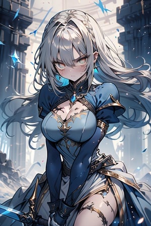 blonde, golden eyes, angry look, long hair, desert knight, hates magic, silver sword that reflects a blue color that traps magic, genie, white dress that reaches to her thighs, armor on her hands, legs and arms , gray and white Dress, Warrior appearance, warrior, strong woman, scars all over her body, shiny magic metal armor with a blue crystal on her chest, armor covers her entire body.
