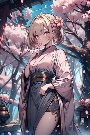 blonde, golden eyes, calm look, short hair, genius, light pink kimono that reaches to her thighs, look of having found enlightenment,warrior, strong woman, muscular body, kind smile, long gray skirt, masterpieces, good quality, high image quality, found lighting, hermit, magician of miracles, is at peace with herself, very calm look with herself, in a Chinese temple,perfect face,cherry trees blooming.