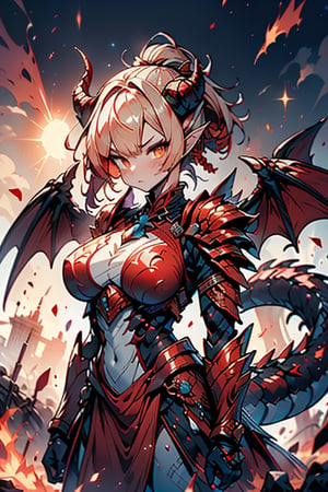 dragon wings, scaly skin, bright blonde hair, arrogant, serious, powerful, mother of the Yuumil, goddess of order, strongest dragon goddess, proud, goat horns, red horns, dragon hands, dragon legs, covered body by scales, armor, short hair, big wings, dragonborn, goddess of order and battles, masterpiece, detailed, high quality, absurd, very high resolution, good quality image, high definition, serious face, annoying, warrior, Order ,good quality eyes, high resolution eyes, defined eyes, sharp eyes, orange eyes, armor that covers everything,face with good resolution,breast armor,orange armor,hair up with braids,dragon tail,over the sun, sword of order with a orange glow, radiant figure,magma armor,1 dragon tail only one,perfect face,dragon woman, warrior,goddess of war, beautiful, immaculate face.


