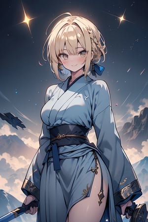 blonde, golden eyes, calm look, short hair, genius, blue kimono that reaches to her thighs, look of having found enlightenment,
warrior, strong woman, muscular body, kind smile, long gray skirt, masterpieces, good quality, high Image quality,she found enlightenment,hermit.