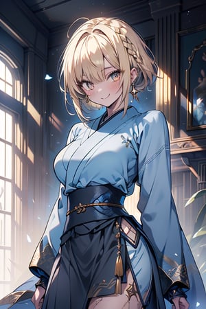 blonde, golden eyes, calm look, short hair, genius, blue kimono that reaches to her thighs, look of having found enlightenment,
warrior, strong woman, scars all over her body, muscular body, kind smile, long gray skirt, masterpieces, good quality, high Image quality,she found enlightenment
