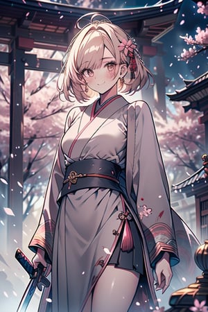 blonde, golden eyes, calm look, short hair, genius, light pink kimono that reaches to the thighs, look of having found enlightenment, warrior, strong woman, muscular body, light very calm smile, long gray skirt, masterpieces, good quality, high quality image, found lighting, hermit, magician of miracles, she is at peace with herself, very calm look with herself, in a Chinese temple, perfect face, cherry blossoms,sword on one side,japanese katana,katana in her hand

