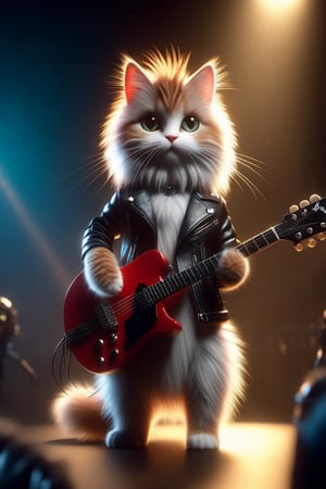 Ultra photorealistic 3D, natural lighting, volumetric lighting, 8K resolution detailed, elegant. A cat wear a leather jacket with punk hair plays guitar on stage.