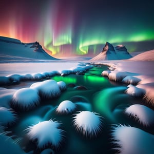 A breathtaking view of the Northern Lights shimmering over a snowy Icelandic landscape