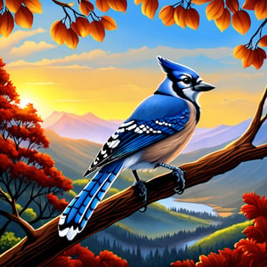 High Detailed, High Quality, Beautiful, a blue jay bird on a tree branch watching the sky with beautiful landscape,LegendDarkFantasy