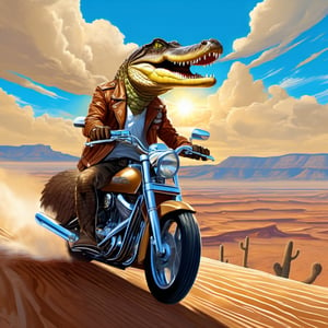 Highly Detailed, High Quality, Masterpiece, digital art, a cocodrile riding in a motorcycle, (brown jacket, muscular, desert, earth road, blue sky with clouds and sun)