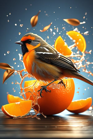 Highly detailed, 4K, Masterpiece, a little bird made of a fresh orange that has been cut open, photo-realistic techniques --ar 2:3 --stylize 400