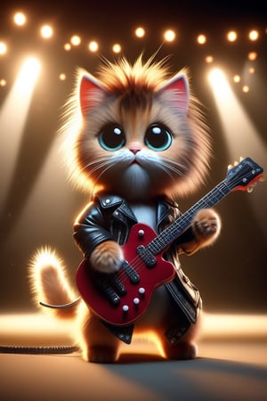 Ultra photorealistic 3D, natural lighting, volumetric lighting, 8K resolution detailed, elegant. A cat wear a leather jacket with punk hair plays guitar on stage.