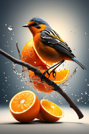 Highly detailed, 4K, Masterpiece, a little bird made of a fresh orange that has been cut open, photo-realistic techniques --ar 2:3 --stylize 400