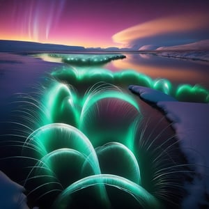 A breathtaking view of the Northern Lights shimmering over a snowy Icelandic landscape