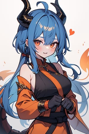 dragon woman, wingless, long hair, friendly face, orange martial arts master outfit, blue hair, dragon horns with orange tips, dragon tail.
