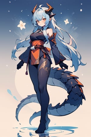 dragon woman, wingless, long hair, friendly face, orange martial arts master outfit, blue hair, dragon horns with orange tips, dragon tail, orange eyes, horns facing back,small breasts, beautiful, the woman who reflects the cold, the lady of winter, tail attached to the body, the monster of order.