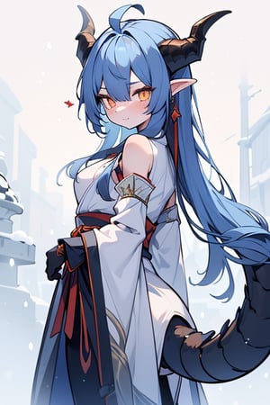 dragon woman, wingless, long hair, friendly face, orange martial arts master outfit, blue hair, dragon horns with orange tips, dragon tail, orange eyes, horns facing back,small breasts, beautiful, the woman who reflects the cold, the lady of winter, tail attached to the body, the monster of order.