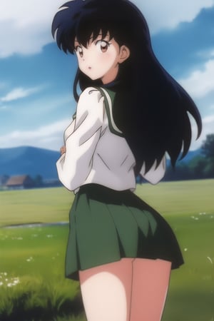 kagome, 1girl, looking_back, looking_at_viewer, anime, short_skirt,