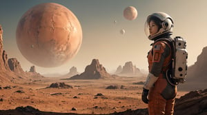A movie poster about Mars, showcasing an astronaut standing on the surface of Mars, gazing into the distant and hopeful future of Martian settlement. The backdrop features expansive Martian landscapes with habitat domes in the shape of spheres. The Martian sunset bathes the entire scene in warm radiance.
((ultra wide shot)), photo-realistic, masterpiece, soothing tones, 8k resolution, concept art of detailed character design, cinema concept, cinematic lighting, cinematic look, calming tones, incredible details, intricate details, hyper detail, Fuji Superia 400, 
stylish, elegant, breathtaking, mysterious, fascinating, untamed, curiously complete face, elegant, gorgeous, 
by Greg Rutkowski Repin artstation style, by Wadim Kashin style, by Konstantin Razumov style, Ayase Haruka's face,
,aesthetic portrait, cinematic moviemaker style, in the style of esao andrews