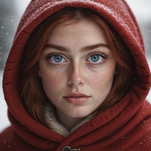 photograph of a cute adult girl, redhair, pale skin, freckles, blush, innocent, petite and youthful face, silver blue eyes, dilated pupils, huge pupils, wearing a red cloak, city christmas festival, snowfall, Porta 160 color, shot on ARRI ALEXA 65, bokeh, sharp focus on subject, shot by Don McCullin, nsfw, (natural skin texture, hyperrealism, soft light, sharp), (perfect round eyes:1.3), Capture the essence of her beauty, Enrich the composition with soft, diffused natural light that accentuates the textures and colors, creating a timeless and culturally rich image, EyeDetail-SDXL, fFaceDetail-SDXL