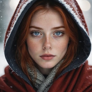 photograph of a cute adult girl, redhair, pale skin, freckles, blush, innocent, petite and youthful face, silver blue eyes, wearing a cloak, city christmas festival, snowfall, Porta 160 color, shot on ARRI ALEXA 65, bokeh, sharp focus on subject, shot by Don McCullin, nsfw, (natural skin texture, hyperrealism, soft light, sharp), (perfect round eyes:1.3), Capture the essence of her beauty, Enrich the composition with soft, diffused natural light that accentuates the textures and colors, creating a timeless and culturally rich image, EyeDetail-SDXL, fFaceDetail-SDXL