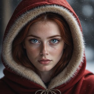 photograph of a cute adult girl, redhair, pale skin, freckles, blush, innocent, petite and youthful face, silver blue eyes, dilated pupils, pupils, exotic upturned eyes, wearing a fancy red cloak, (fancy cloak with black inner lining:1.2), city christmas festival, snowfall, Porta 160 color, shot on ARRI ALEXA 65, bokeh, sharp focus on subject, shot by Don McCullin, nsfw, (natural skin texture, hyperrealism, soft light, sharp), (perfect round eyes:1.3), Capture the essence of her beauty, Enrich the composition with soft, diffused natural light that accentuates the textures and colors, creating a timeless and culturally rich image, EyeDetail-SDXL, fFaceDetail-SDXL