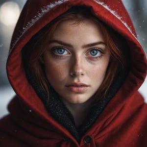 photograph of a cute adult girl, redhair, pale skin, freckles, blush, innocent, petite and youthful face, silver blue eyes, dilated pupils, pupils, exotic upturned eyes, wearing a fancy red cloak, (fancy cloak with black inner lining:1.2), city christmas festival, snowfall, Porta 160 color, shot on ARRI ALEXA 65, bokeh, sharp focus on subject, shot by Don McCullin, nsfw, (natural skin texture, hyperrealism, soft light, sharp), (perfect round eyes:1.3), Capture the essence of her beauty, Enrich the composition with soft, diffused natural light that accentuates the textures and colors, creating a timeless and culturally rich image, EyeDetail-SDXL, fFaceDetail-SDXL