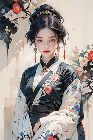  A girl, wearing hanfu, peony garden, butterfly, upper body, dark-red eyeshadow, (negative space:1.4), black eyes,  gold and white and red hue, (((black pencial brush outline stroke drawing))), white background, (Cinematic lighting, ethereal light, intricate details, extremely detailed, incredible details, full colored), complex details, hyper maximalist, gorgeous light and shadow, detailed decoration, detailed lines. masterpiece, best quality, HDR, UHD, unreal engine. looking at the camera, fair skin, beautiful face,1 girl ,pencil drawing,red dress,hanfu,qinghua,guofeng,gongbiv,evelyn 