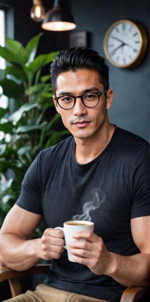Imagine the following scene:

Realistic photograph of a coffee shop, at morning, where full of plants. Sitting on the chair ,a handsome 
 man is drinking a coffee.

The man is from Japan. 30 years. Very big and bright brown eyes, black-hair , full and red lips, long eyelashes, masculine. blushing cheeks. muscular, very freckled, many freckles.

The man wears a black t-shirt, undercut. The man has wearing a glasses. There is a black leather clock on his arm.

The shot is wide to capture the details of the scene. Full body shot. best quality, 8K, high resolution, masterpiece, HD, perfect proportions, perfect hands.