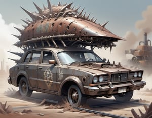  apocalyptic, car, junk, spikes, rust, sketch, drawing,DonMS4ndW0rldXL,steampunk style