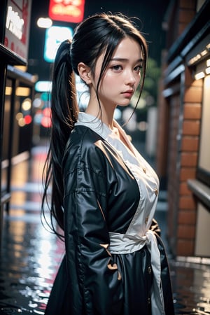 (masterpiece, best quality:1.4), (beautiful, aesthetic, cute, adorable:1.2), (depth of field:1.2), Rainy day, night, alley behind the building, 1 girl, getting caught in the rain, black hair, long hair, ponytail, Japanese, nurse outfit,