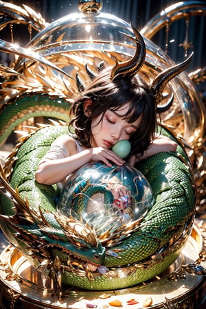 A cute toddler with dragon horns is sleeping in a huge dragon egg. Her sleeping face can be clearly seen through the translucent  eggshell.dragon and texture entanglement,crystal and silver entanglement,openmouth