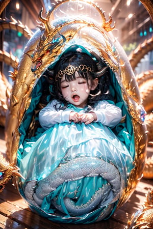 A cute toddler with dragon horns is sleeping in a huge dragon egg. Her sleeping face can be clearly seen through the translucent  eggshell.dragon and texture entanglement,crystal and silver entanglement,openmouth