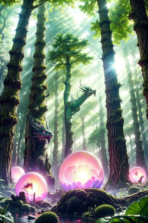Dragon eggs in the forest,glow_in_the_dark,fog,