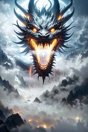 (floating dragon head),(sharp teeth), (openmouth),(extremely complex:1.3),(magic_circle:1.3 ) on mouth , (heavy fog:1.5),(looking ahead:1.2), black and white entanglement,silver and crystal entanglement,